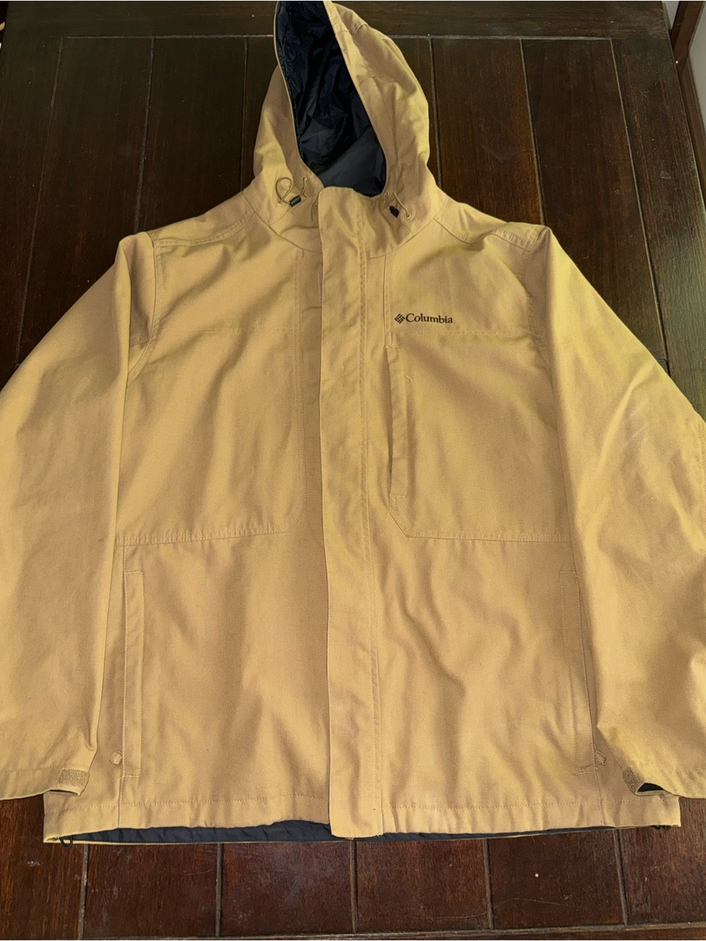 Columbia Men’s Hooded Raincoat in Tan with Navy Lining